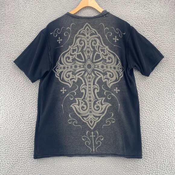 Affliction Shirt Mens M Black Gray Ombre Reversible Short Sleeve Pullover Tee - Picture 7 of 12